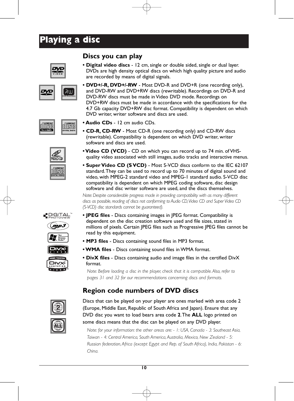 Playing a disc, Discs you can play, Region code numbers of dvd discs | Technicolor - Thomson DTH223 User Manual | Page 10 / 33