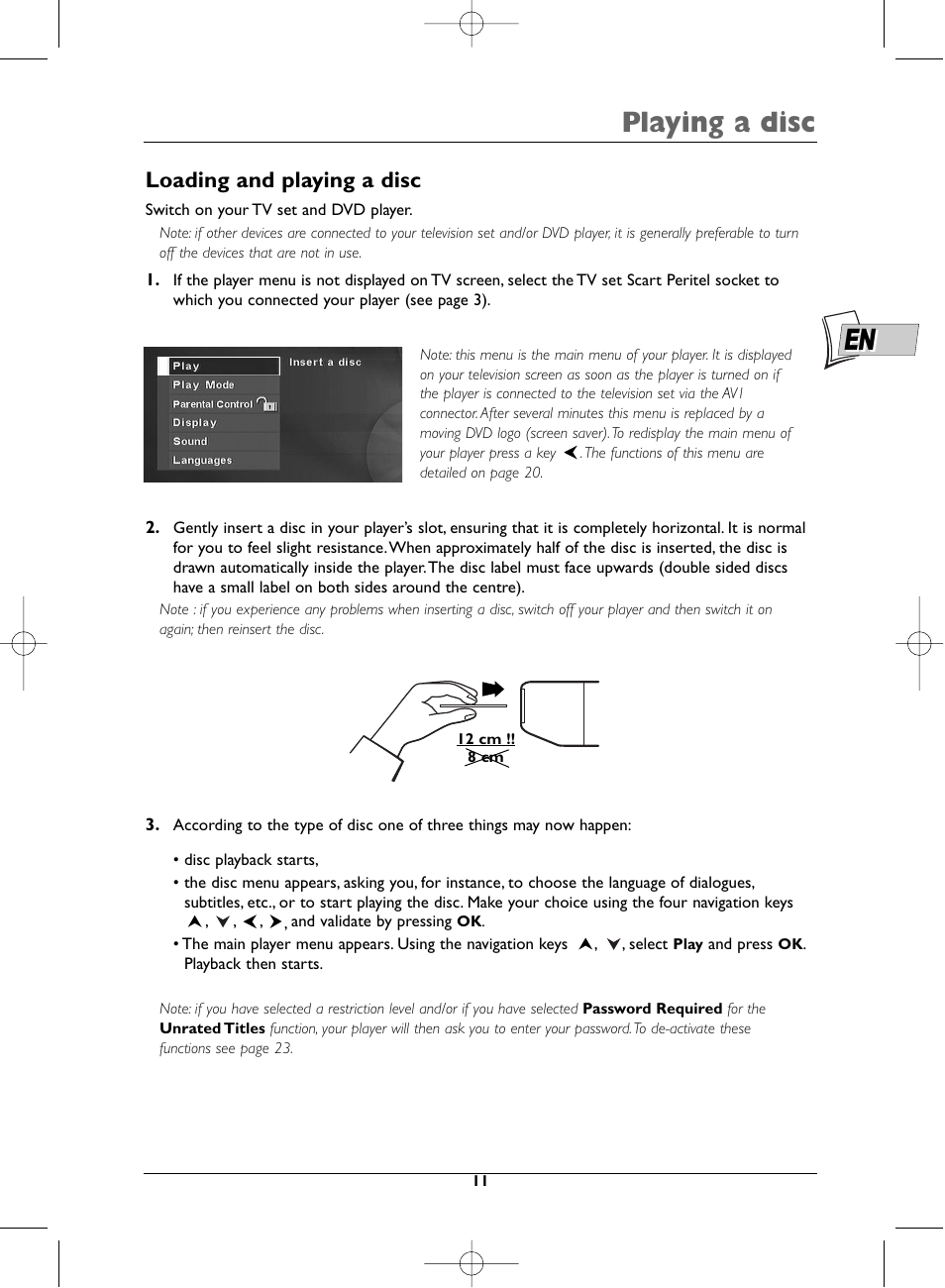 Playing a disc, Loading and playing a disc | Technicolor - Thomson DTH223 User Manual | Page 11 / 33