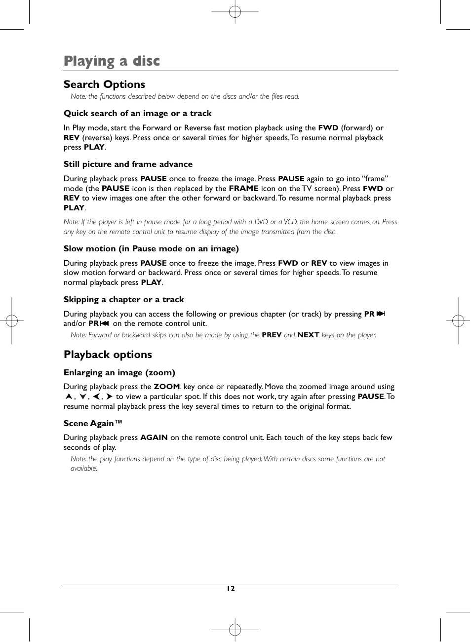 Playing a disc, Search options, Playback options | Technicolor - Thomson DTH223 User Manual | Page 12 / 33