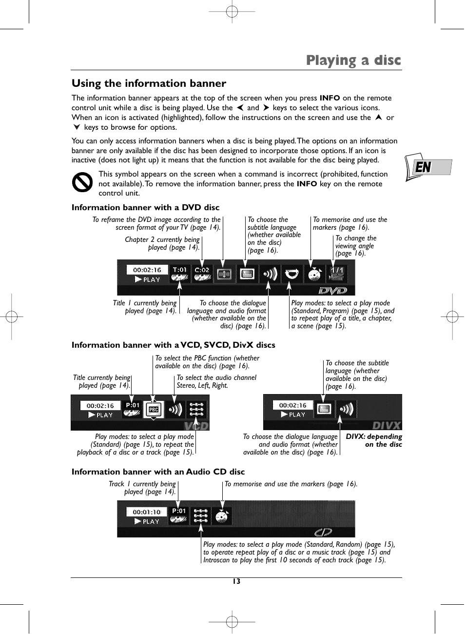 Playing a disc, Using the information banner | Technicolor - Thomson DTH223 User Manual | Page 13 / 33