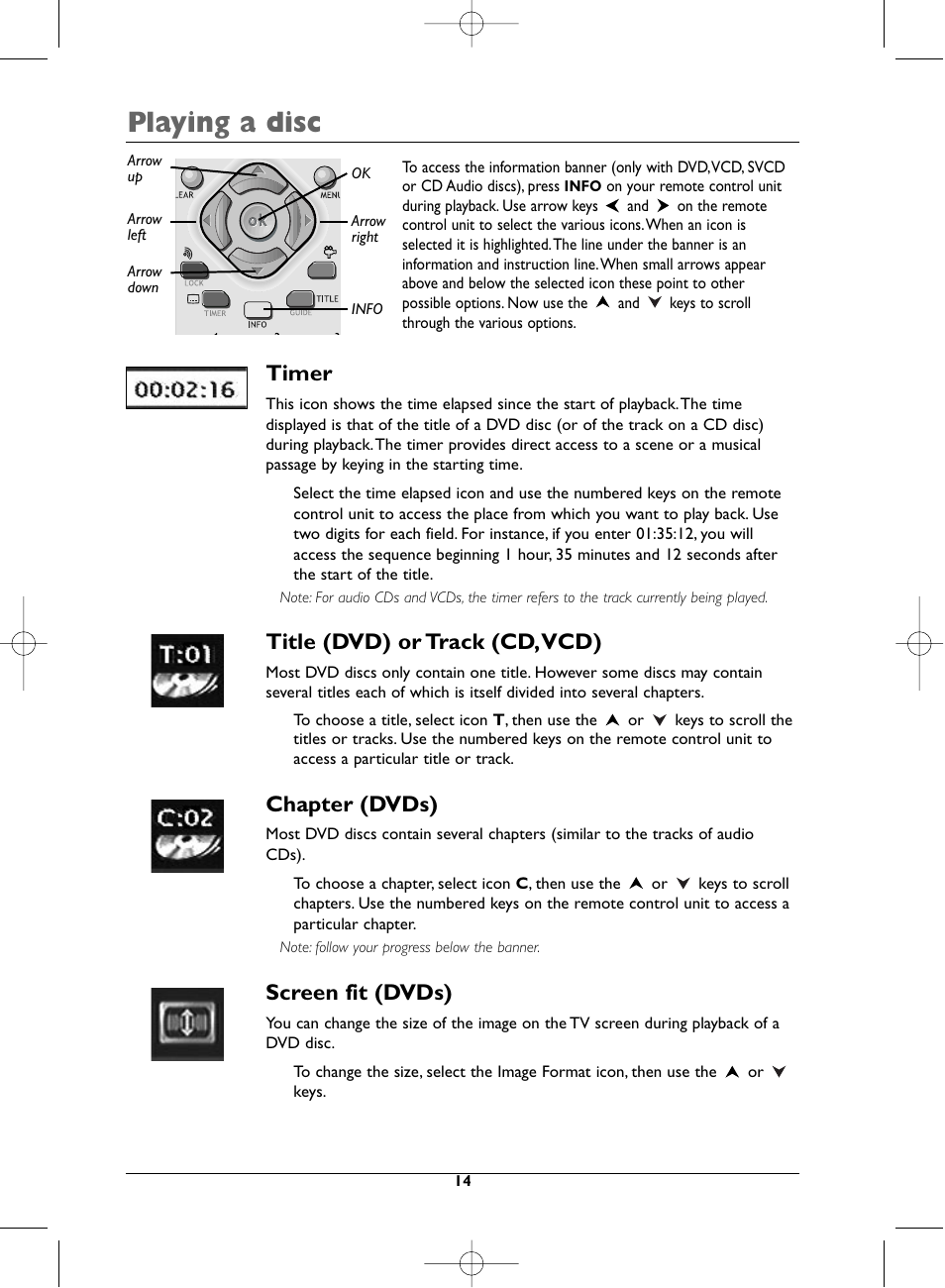 Playing a disc, Timer, Title (dvd) or track (cd,vcd) | Chapter (dvds), Screen fit (dvds) | Technicolor - Thomson DTH223 User Manual | Page 14 / 33