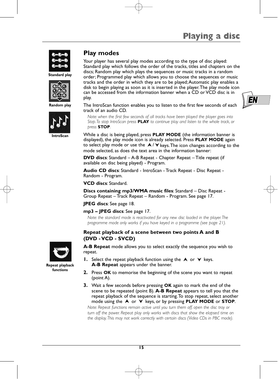 Playing a disc, Play modes | Technicolor - Thomson DTH223 User Manual | Page 15 / 33