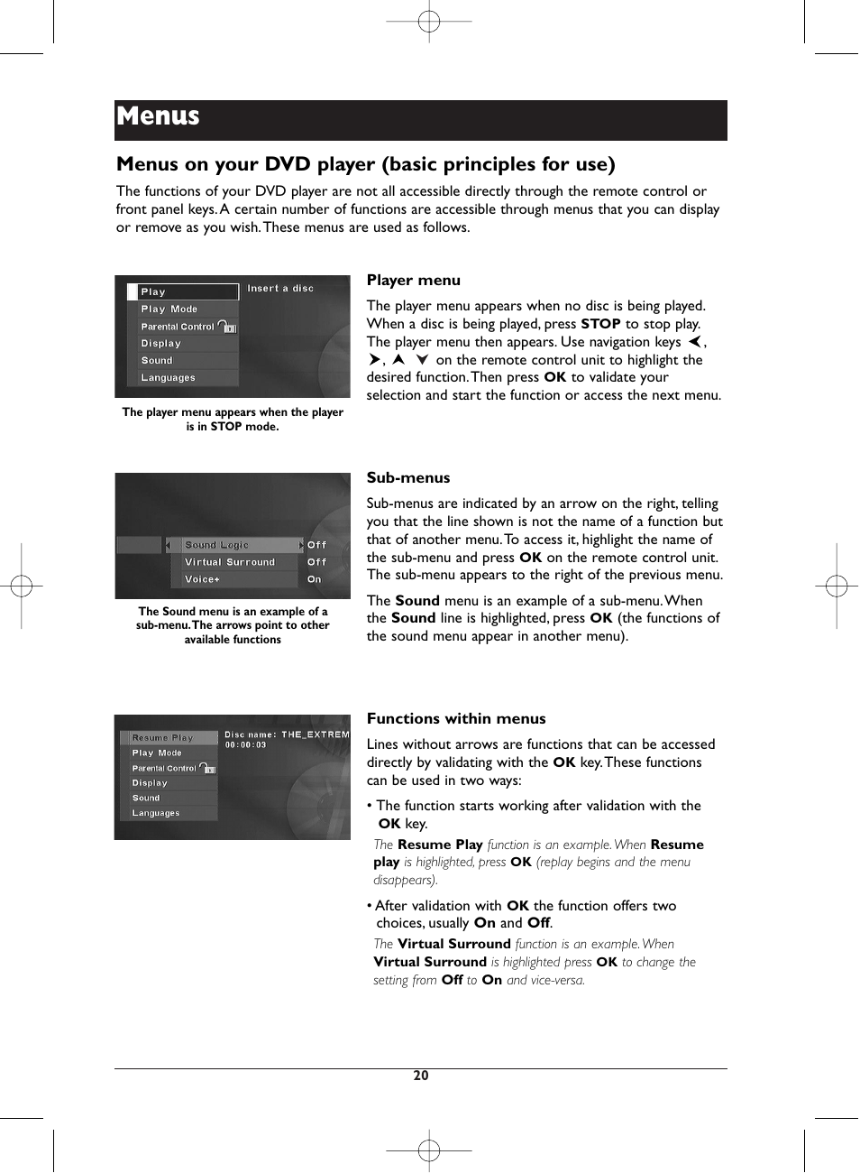 Menus | Technicolor - Thomson DTH223 User Manual | Page 20 / 33