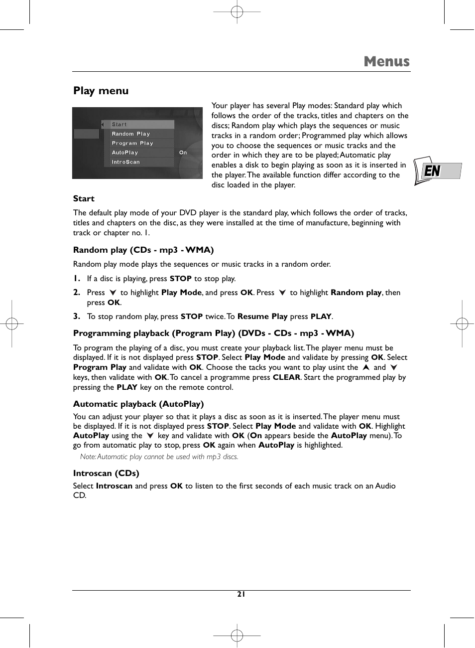 Menus, Play menu | Technicolor - Thomson DTH223 User Manual | Page 21 / 33