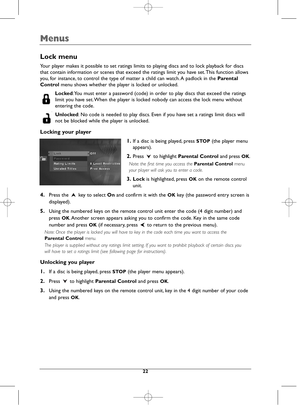 Menus, Lock menu | Technicolor - Thomson DTH223 User Manual | Page 22 / 33