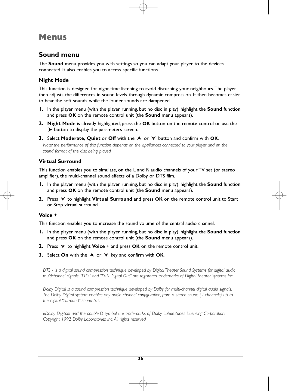 Menus, Sound menu | Technicolor - Thomson DTH223 User Manual | Page 26 / 33