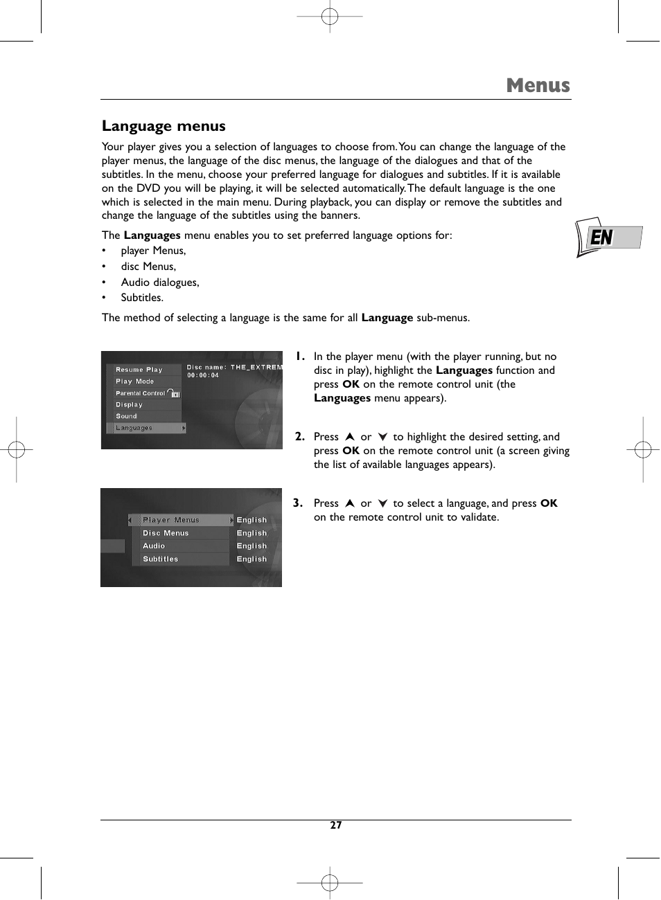 Menus, Language menus | Technicolor - Thomson DTH223 User Manual | Page 27 / 33