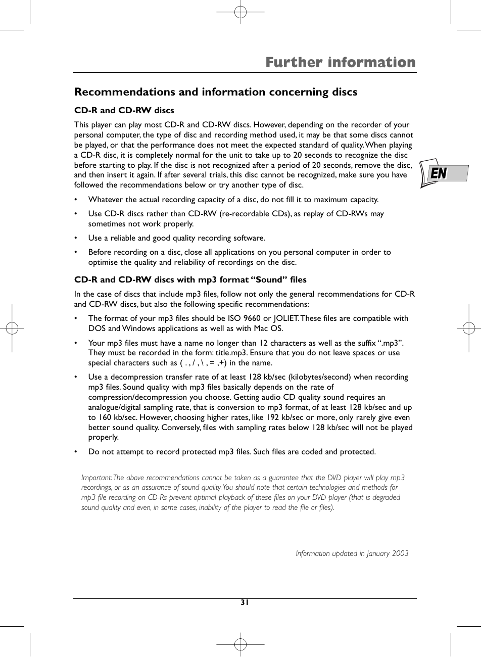 Further information, Recommendations and information concerning discs | Technicolor - Thomson DTH223 User Manual | Page 31 / 33