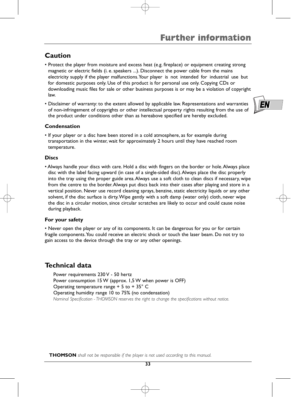 Further information, Caution, Technical data | Technicolor - Thomson DTH223 User Manual | Page 33 / 33