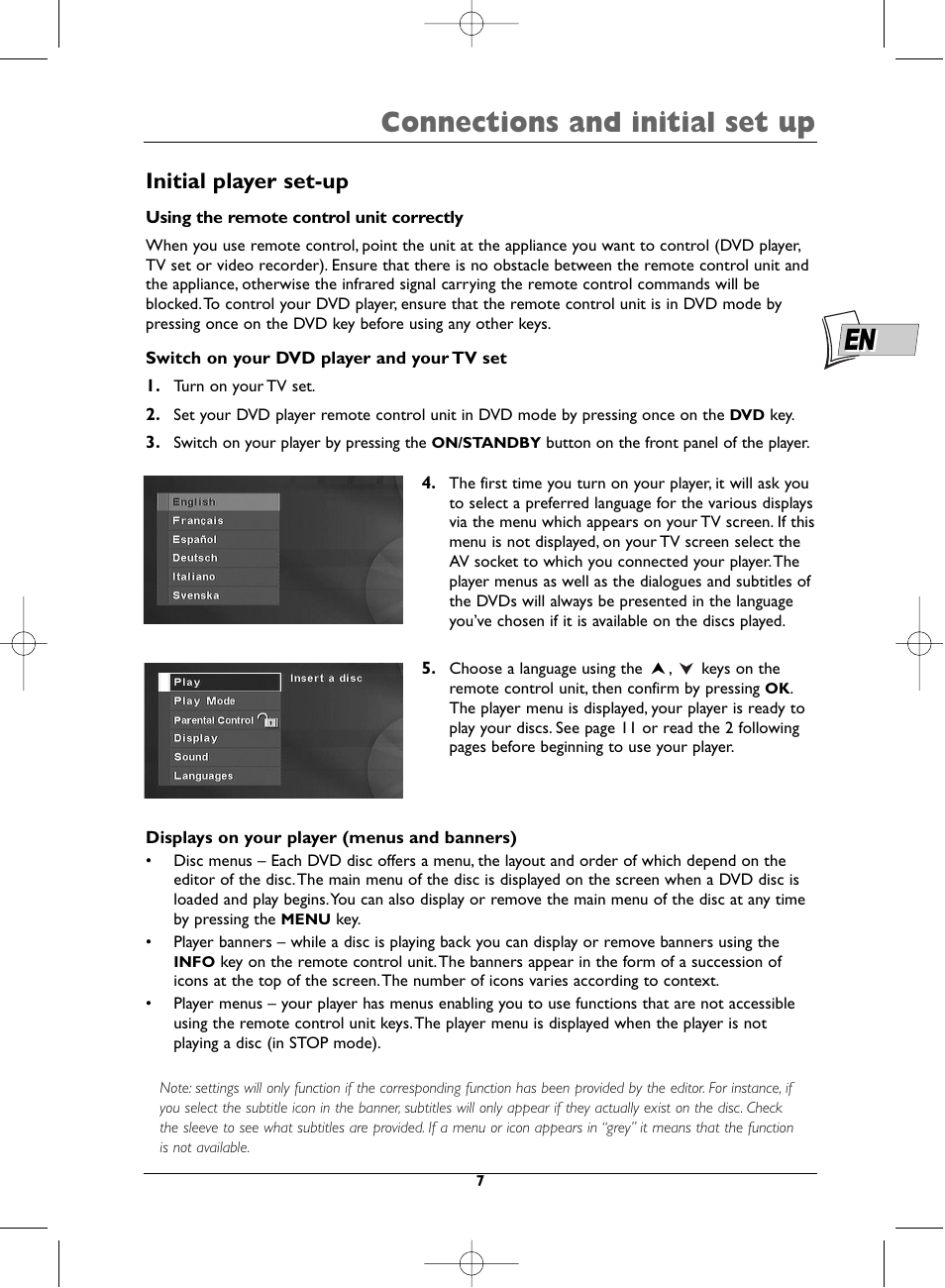 Connections and initial set up, Initial player set-up | Technicolor - Thomson DTH223 User Manual | Page 7 / 33