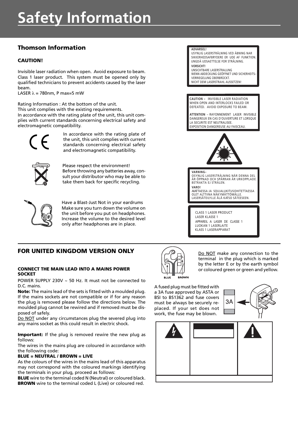 Safety information, Caution, Thomson information | For united kingdom version only, Warning | Technicolor - Thomson DPL911VD User Manual | Page 3 / 23