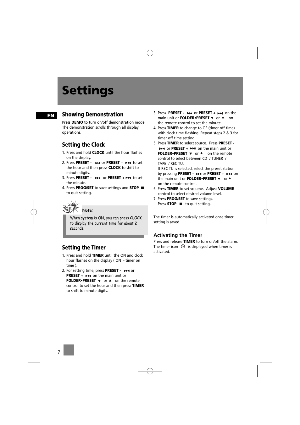 Settings, Showing demonstration, Setting the clock | Setting the timer | Technicolor - Thomson CS520 User Manual | Page 11 / 23