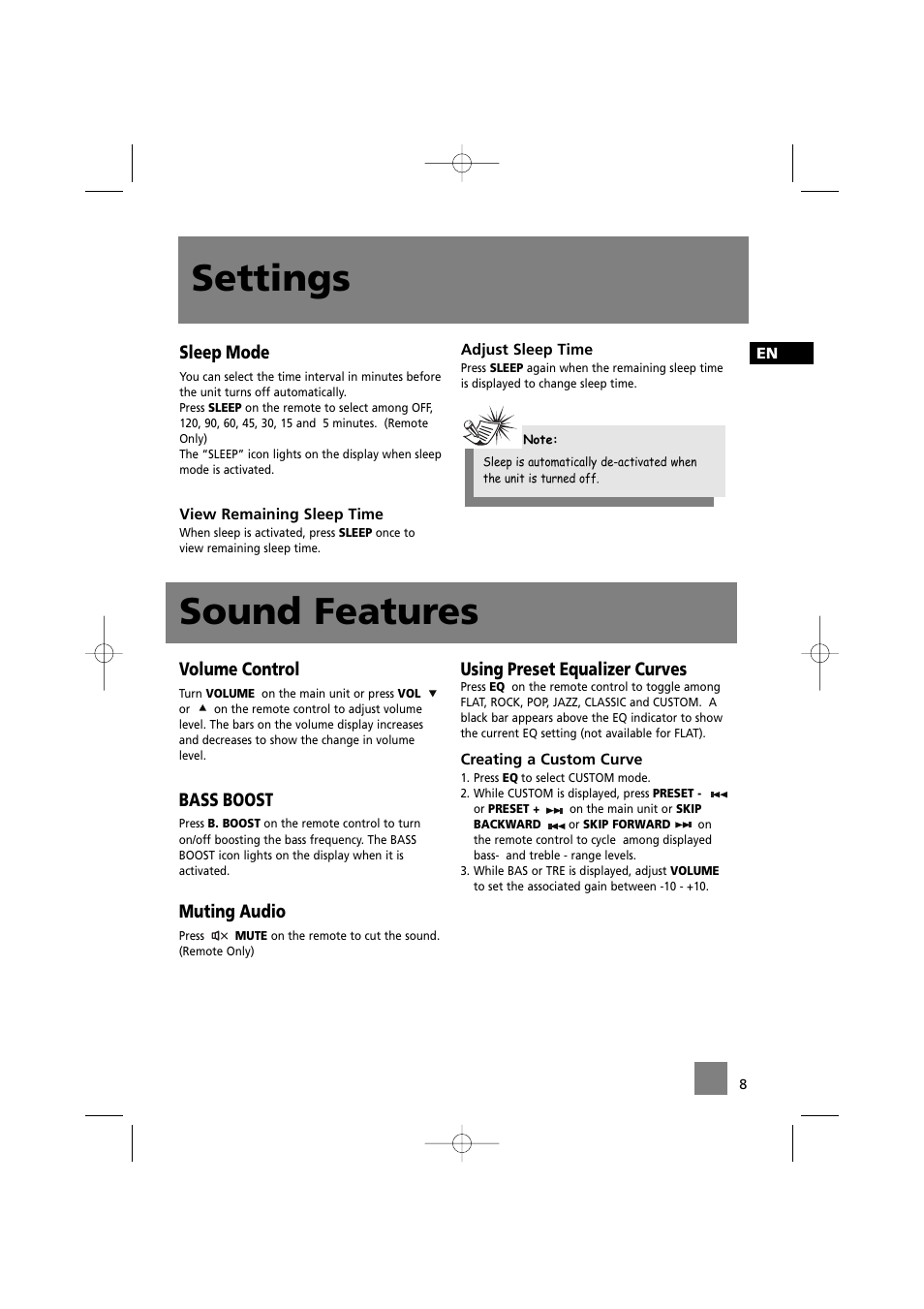 Settings, Sound features, Sleep mode | Volume control, Bass boost, Muting audio, Using preset equalizer curves | Technicolor - Thomson CS520 User Manual | Page 12 / 23