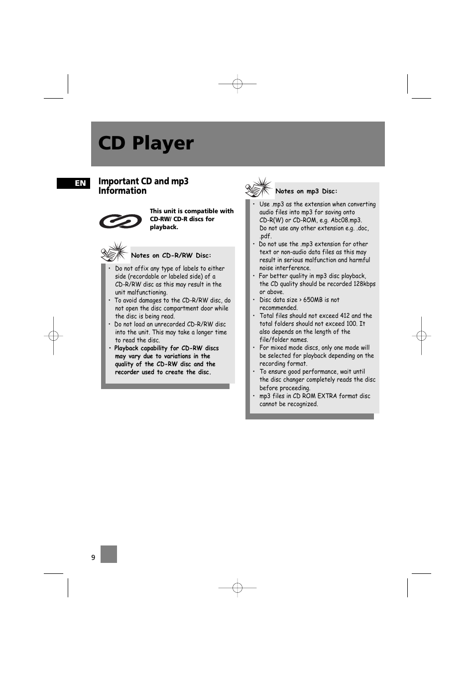 Cd player, Important cd and mp3 information | Technicolor - Thomson CS520 User Manual | Page 13 / 23