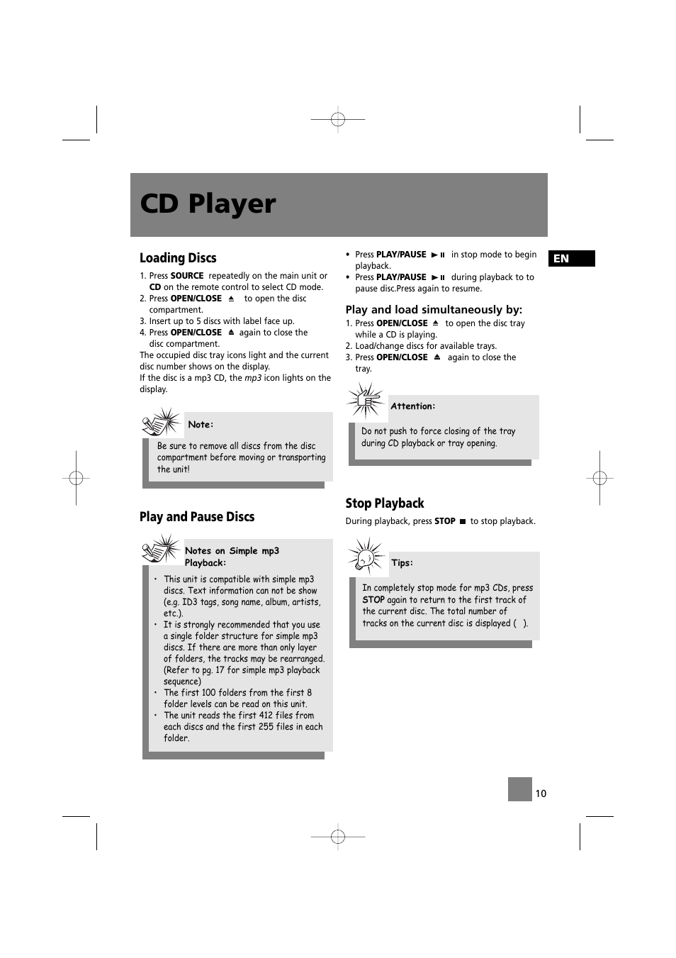 Cd player, Loading discs, Play and pause discs | Stop playback | Technicolor - Thomson CS520 User Manual | Page 14 / 23