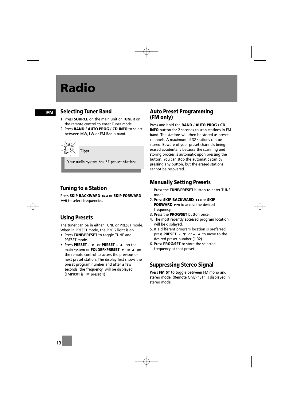 Radio, Selecting tuner band, Tuning to a station | Using presets, Auto preset programming (fm only), Manually setting presets, Suppressing stereo signal | Technicolor - Thomson CS520 User Manual | Page 17 / 23