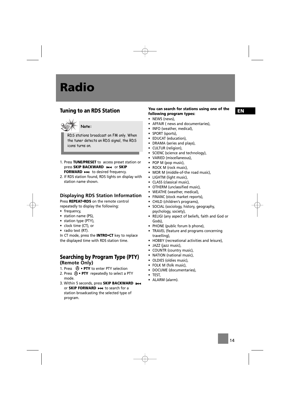 Radio, Tuning to an rds station, Searching by program type (pty) | Technicolor - Thomson CS520 User Manual | Page 18 / 23