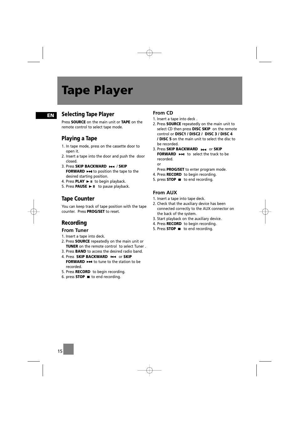 Tape player, Selecting tape player, Playing a tape | Tape counter, Recording | Technicolor - Thomson CS520 User Manual | Page 19 / 23