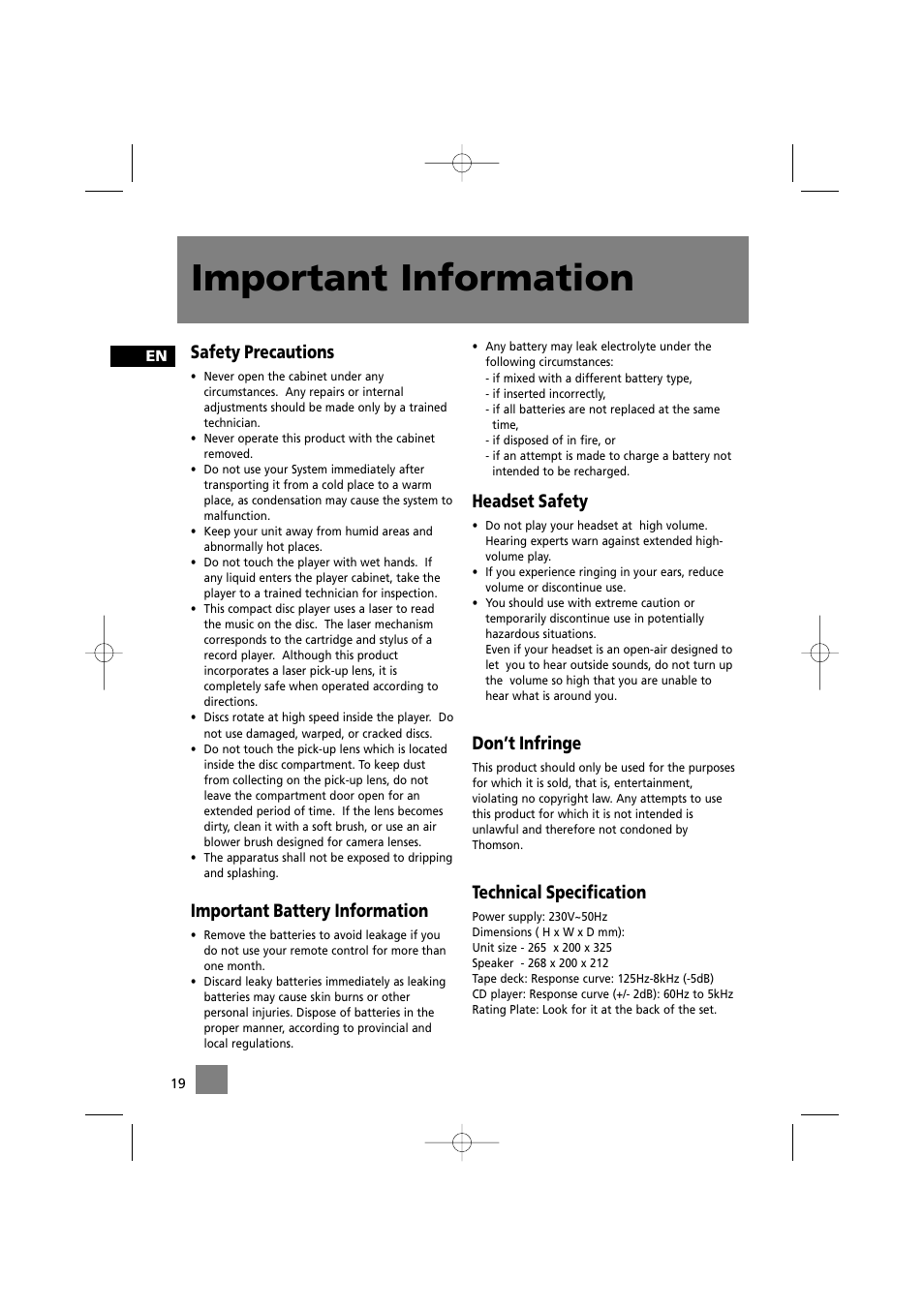 Important information, Safety precautions, Important battery information | Headset safety, Don’t infringe, Technical specification | Technicolor - Thomson CS520 User Manual | Page 23 / 23