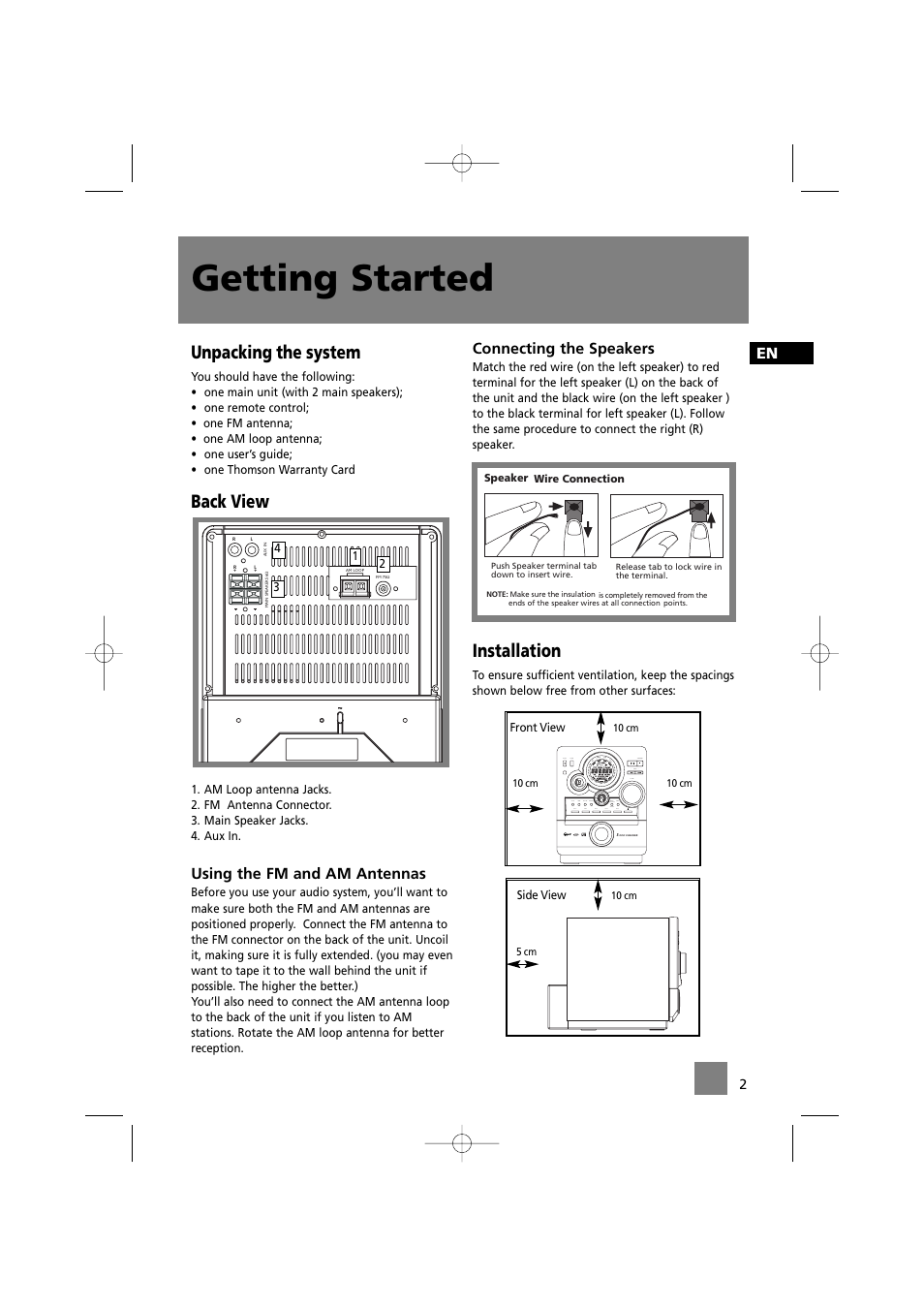 Getting started, Unpacking the system, Back view | Installation, Using the fm and am antennas, Connecting the speakers | Technicolor - Thomson CS520 User Manual | Page 6 / 23