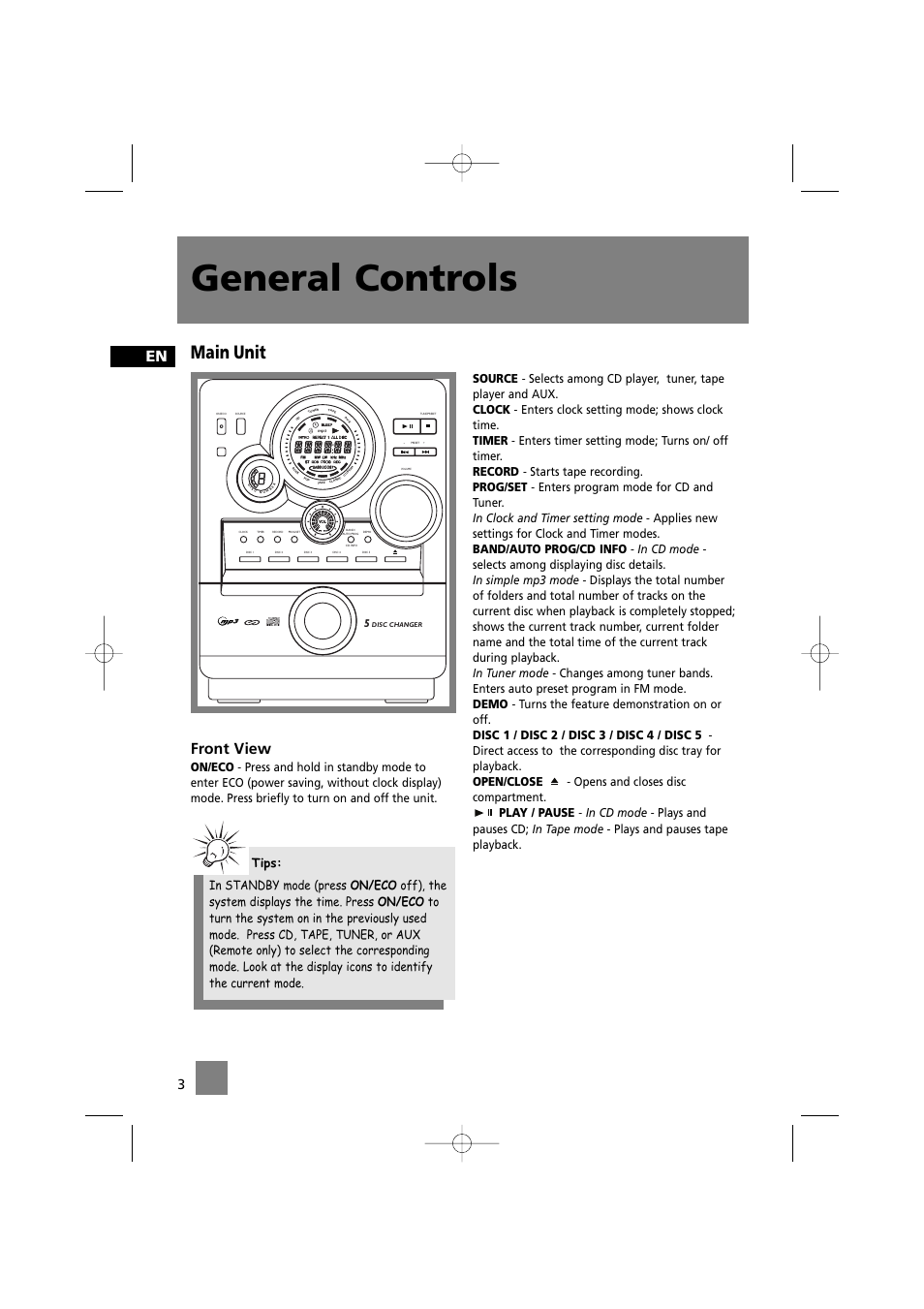 General controls, Main unit, Front view | Cd-r / rw compatible | Technicolor - Thomson CS520 User Manual | Page 7 / 23