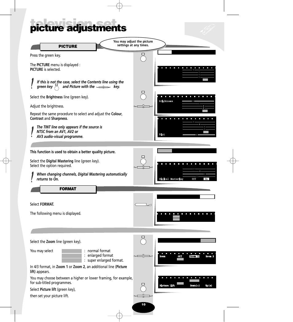 Picture adjustments, Picture, Digital mastering | Format, Zoom, Television set | Technicolor - Thomson Spectra SC 63 TH User Manual | Page 10 / 27