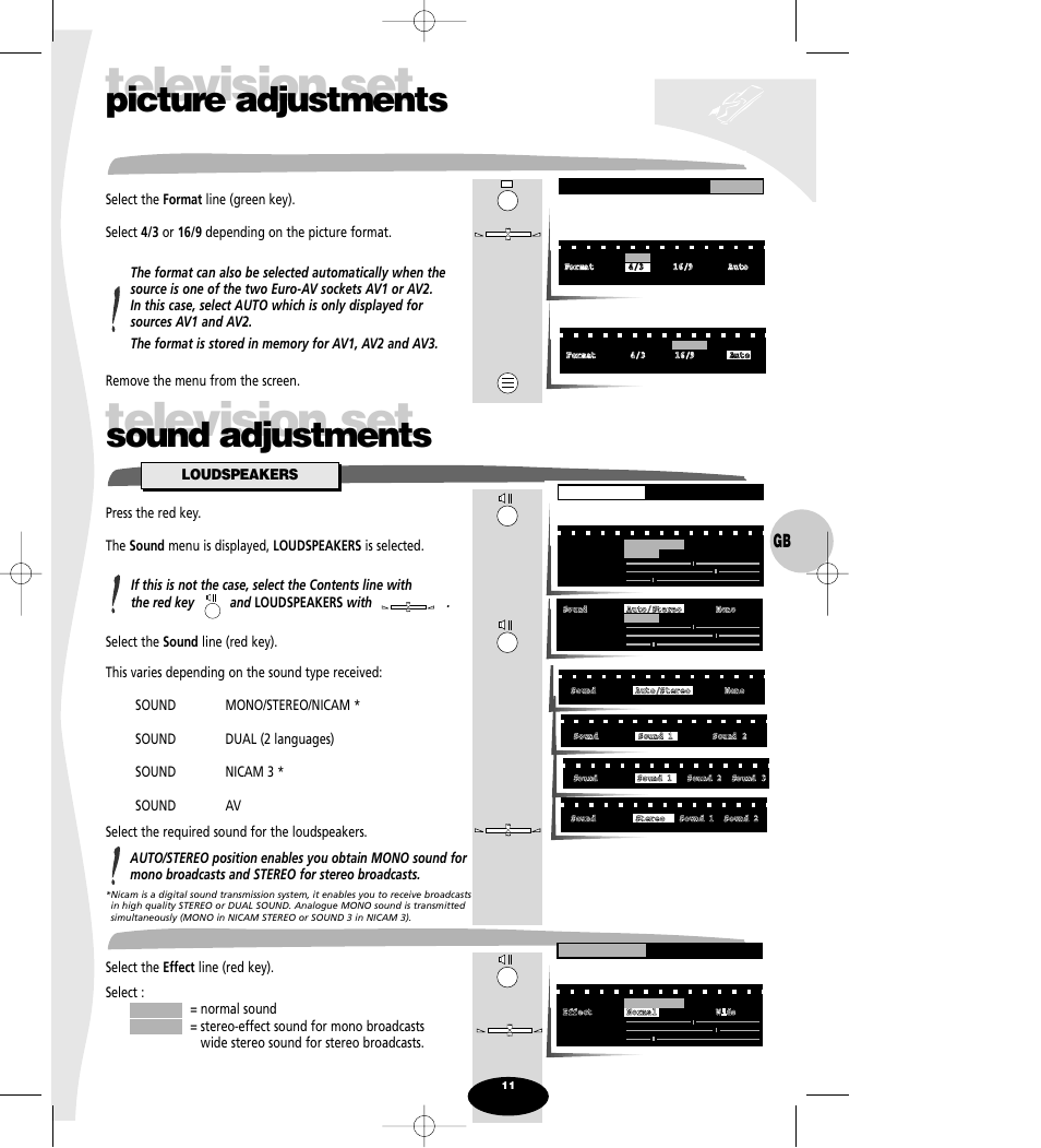 Format, Sound adjustments, Loudspeakers | Effect, Television set, Picture adjustments | Technicolor - Thomson Spectra SC 63 TH User Manual | Page 11 / 27