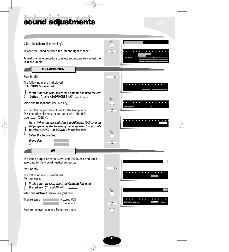 Balance, Headphones, Television set | Sound adjustments | Technicolor - Thomson Spectra SC 63 TH User Manual | Page 12 / 27