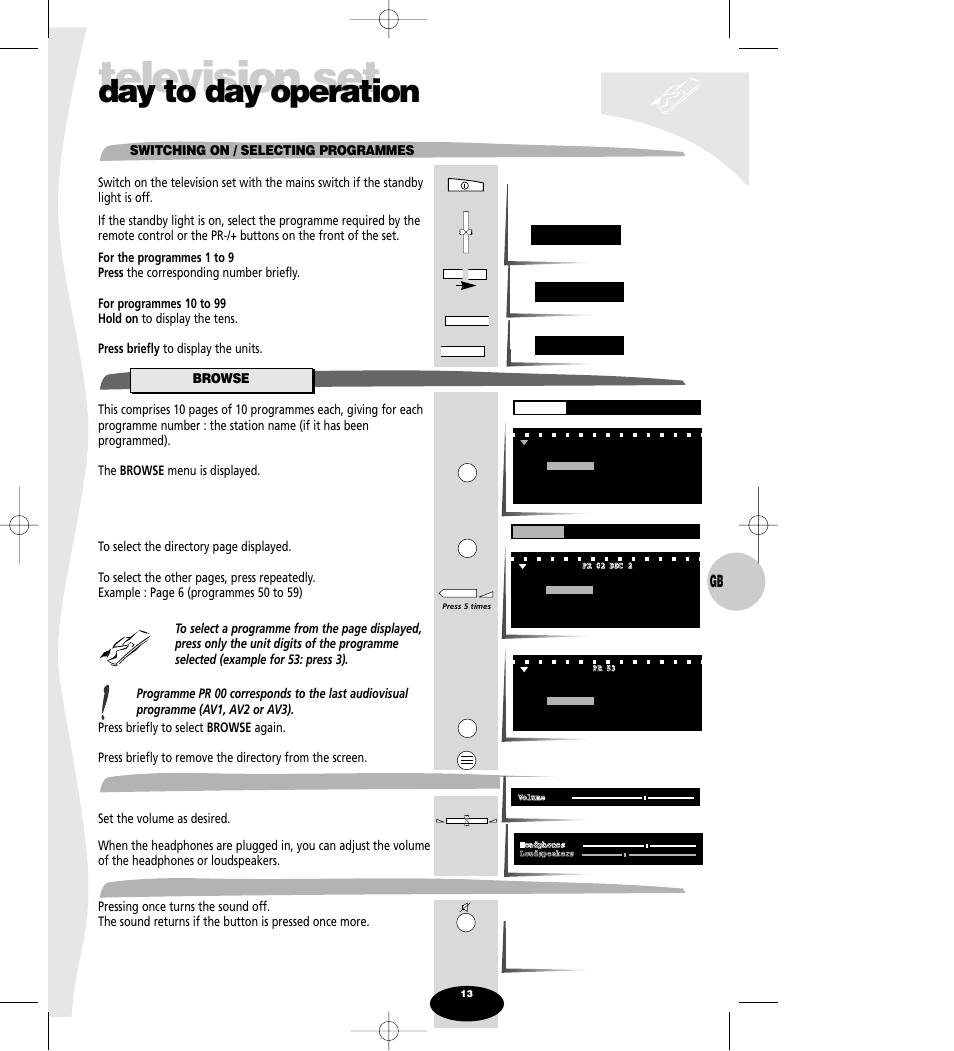 Day to day operation, Switching on / selecting programmes, Browse | Volume, Sound mute, Television set | Technicolor - Thomson Spectra SC 63 TH User Manual | Page 13 / 27
