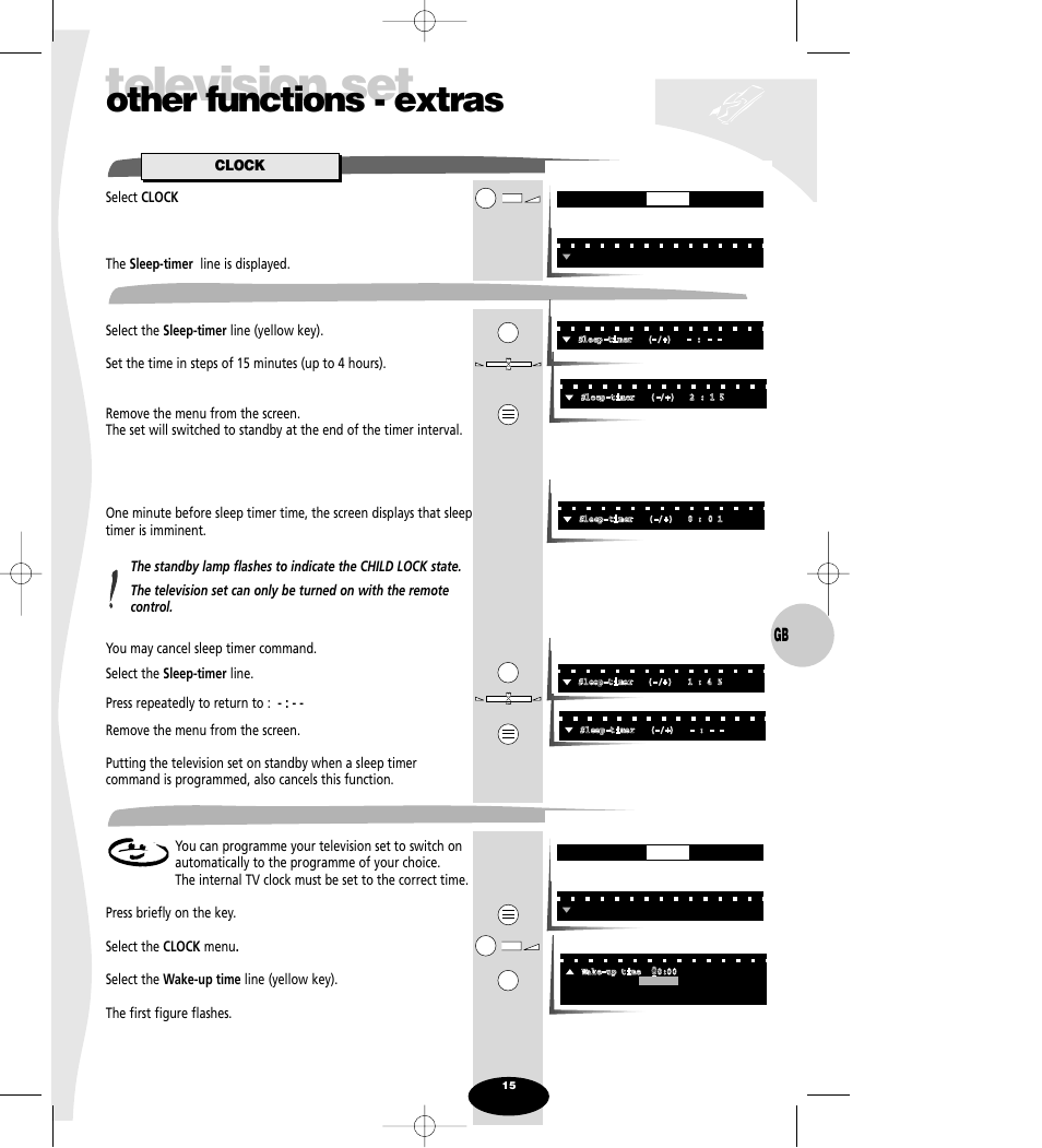 Other functions - extras, Clock, Sleep-timer | Clock (automatic on), Television set | Technicolor - Thomson Spectra SC 63 TH User Manual | Page 15 / 27