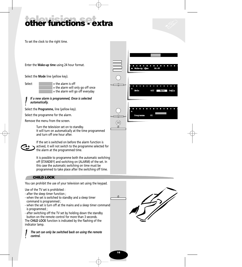 Child lock, Television set, Other functions - extra | Technicolor - Thomson Spectra SC 63 TH User Manual | Page 16 / 27