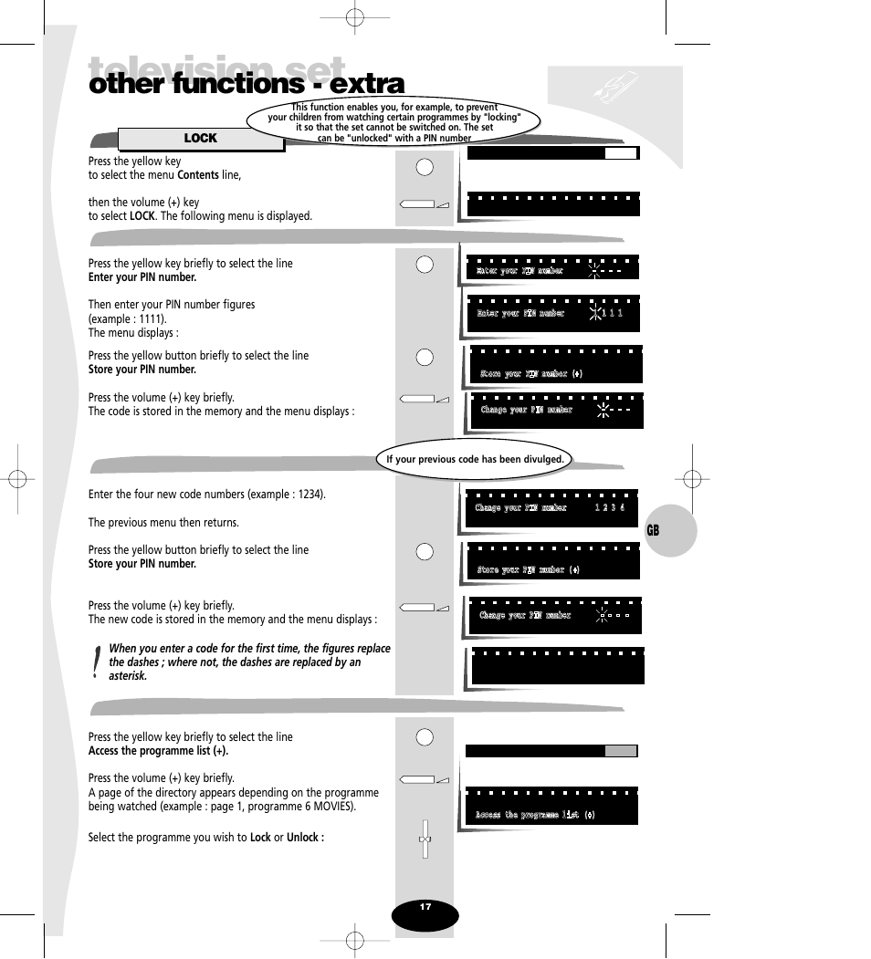 Lock, Enter your pin number, Change you pin number | Access the programme list, Television set, Other functions - extra, Change you pin number access the programme list | Technicolor - Thomson Spectra SC 63 TH User Manual | Page 17 / 27