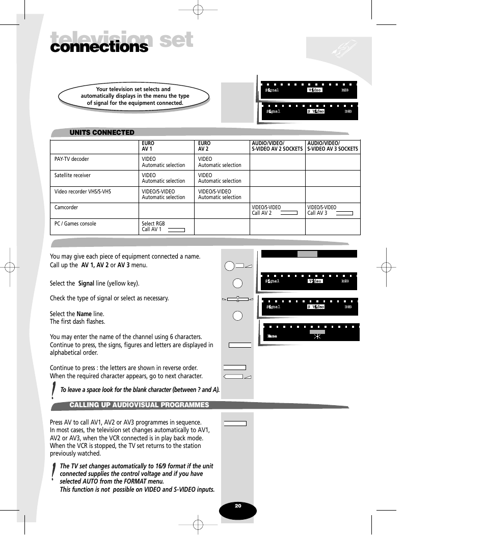 Units connected, Name, Calling up audiovisual programmes | Television set, Connections | Technicolor - Thomson Spectra SC 63 TH User Manual | Page 20 / 27