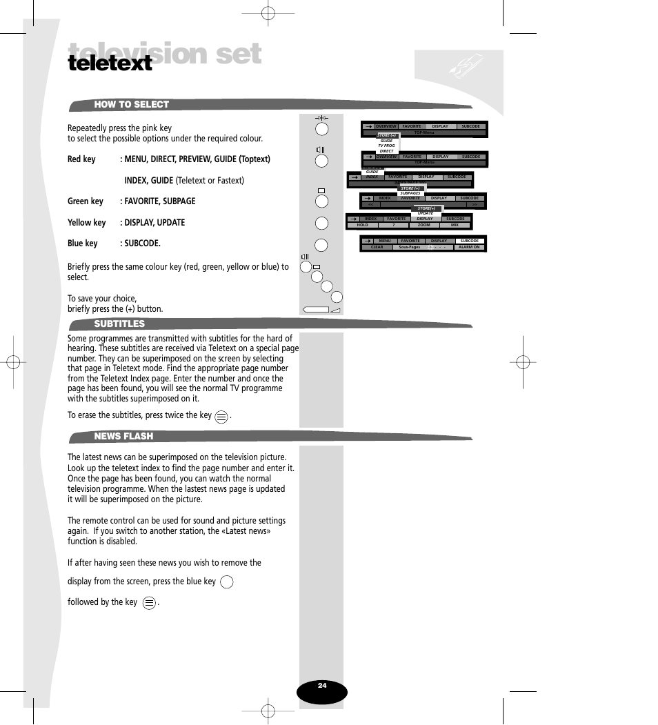 How to select, Subtitles, News flash | Television set, Teletext | Technicolor - Thomson Spectra SC 63 TH User Manual | Page 24 / 27