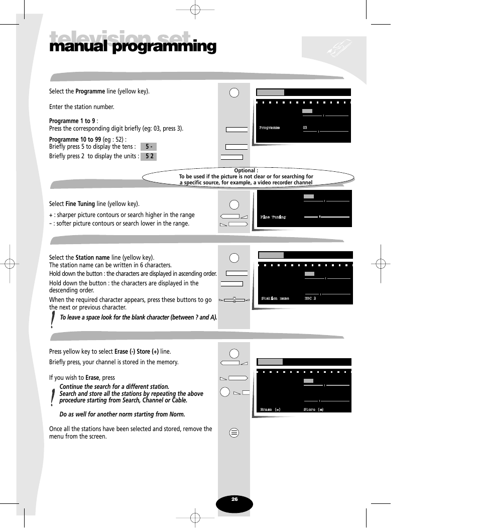 Programme, Fine tuning, Station name | Store / erase, Television set, Manual programming, Programme station name store / erase fine tuning | Technicolor - Thomson Spectra SC 63 TH User Manual | Page 26 / 27