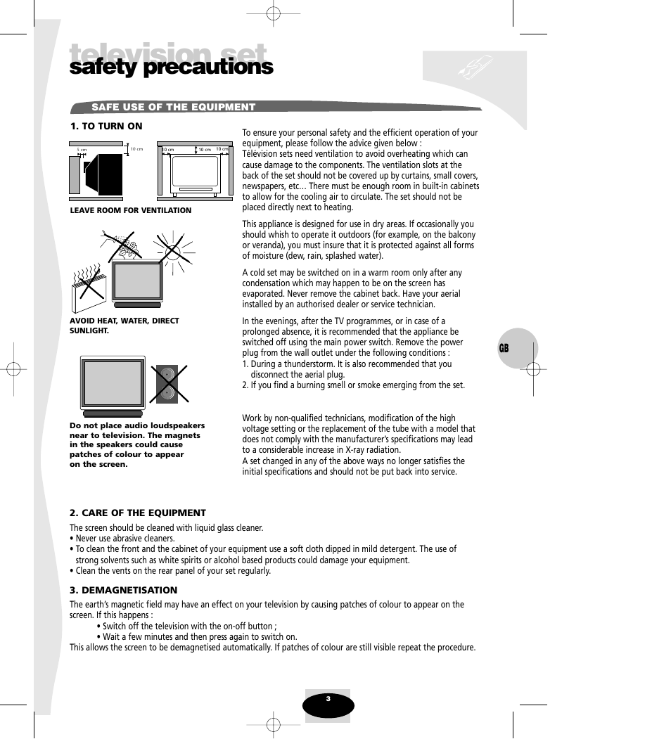 Safety precautions, Television set | Technicolor - Thomson Spectra SC 63 TH User Manual | Page 3 / 27