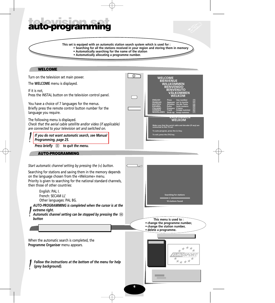 Auto-programming, Switching on, Programme organiser | Television set | Technicolor - Thomson Spectra SC 63 TH User Manual | Page 6 / 27