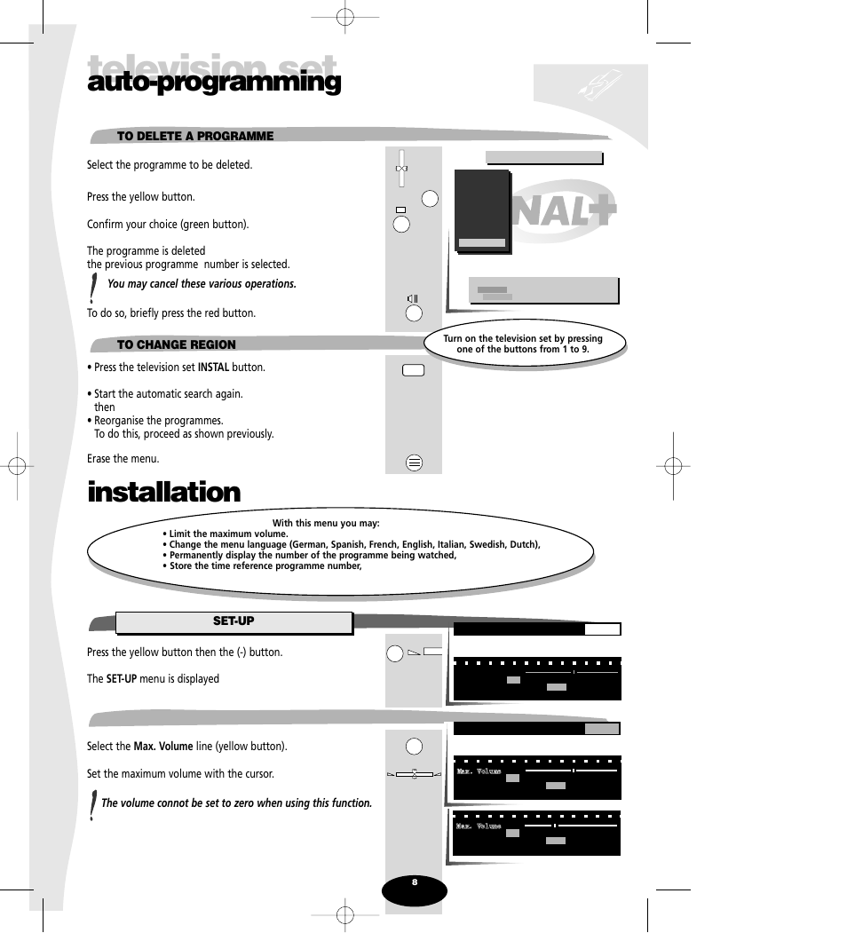 To delete a programme, To change region, Installation | Set-up, Maximum volume limitation, Television set, Auto-programming | Technicolor - Thomson Spectra SC 63 TH User Manual | Page 8 / 27