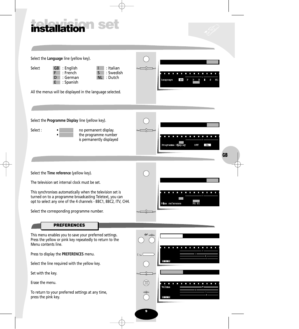 Menu language, Programme number display, Time reference | Preferences, Television set, Installation | Technicolor - Thomson Spectra SC 63 TH User Manual | Page 9 / 27
