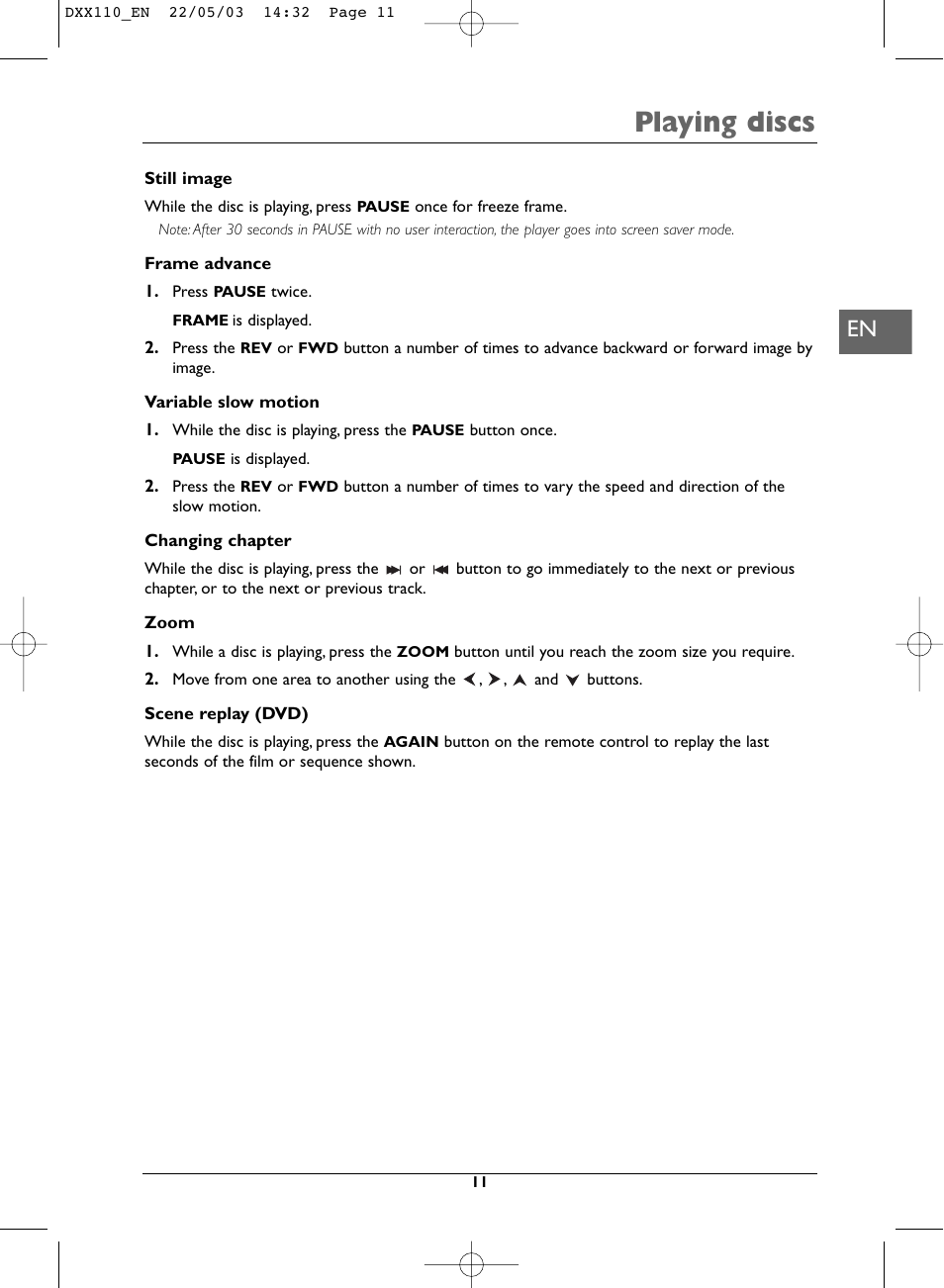 Playing discs | Technicolor - Thomson DVD110 User Manual | Page 11 / 26
