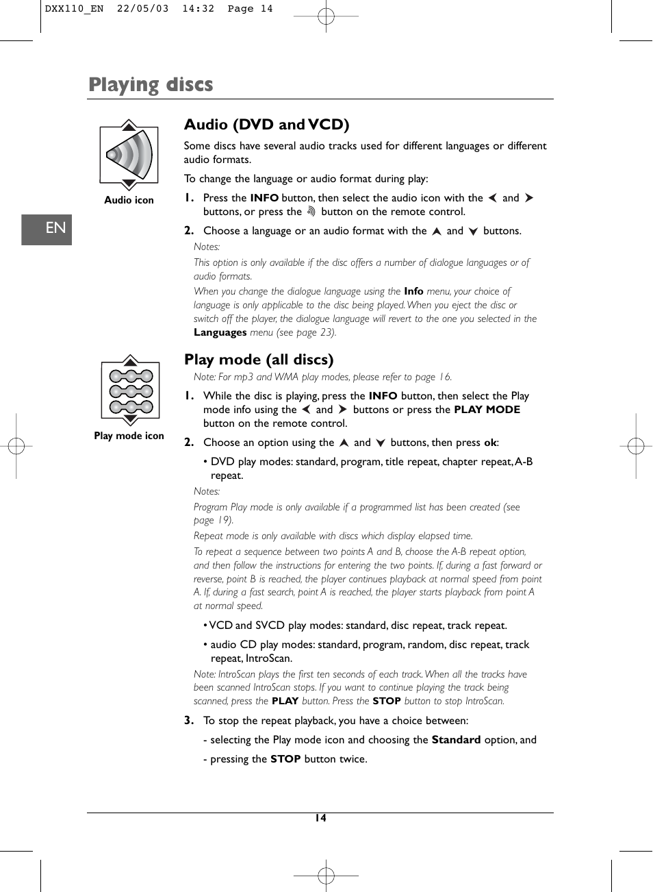 Playing discs, Audio (dvd and vcd), Play mode (all discs) | Technicolor - Thomson DVD110 User Manual | Page 14 / 26