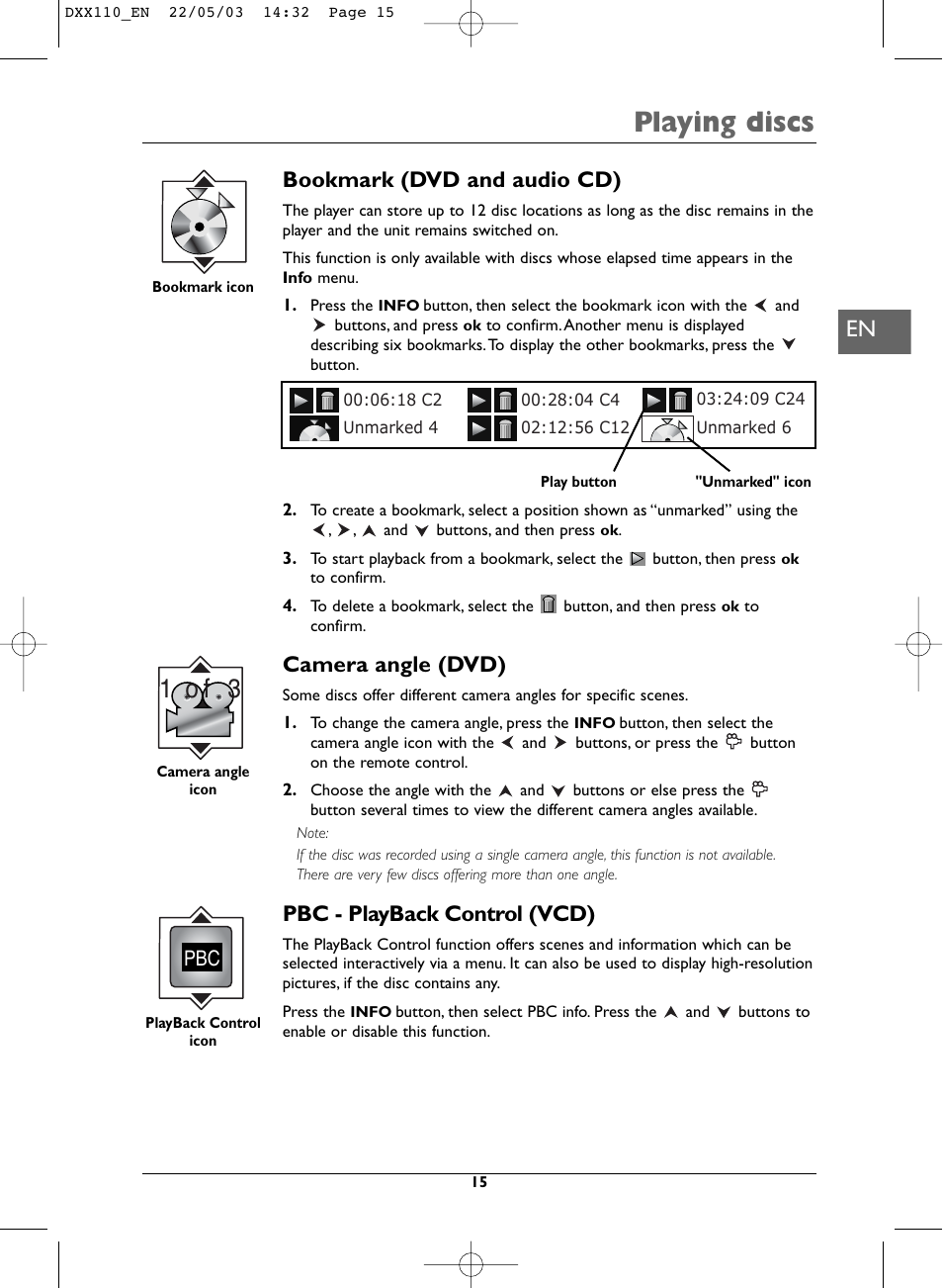 Playing discs, 1 o f 3, Bookmark (dvd and audio cd) | Camera angle (dvd), Pbc - playback control (vcd) | Technicolor - Thomson DVD110 User Manual | Page 15 / 26