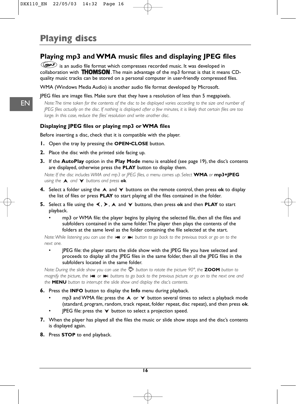 Playing discs | Technicolor - Thomson DVD110 User Manual | Page 16 / 26