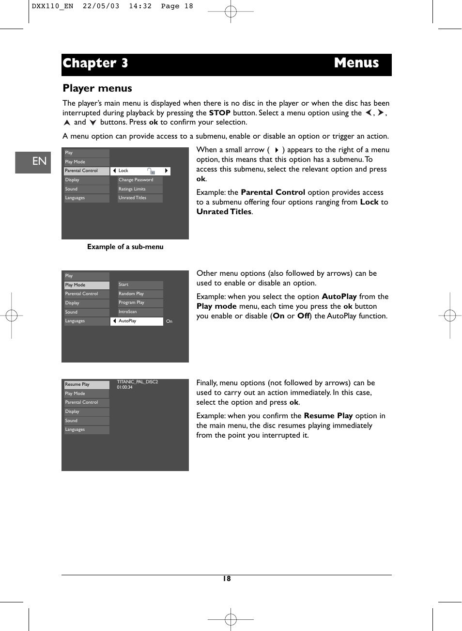 Menus, Chapter 3, Player menus | Technicolor - Thomson DVD110 User Manual | Page 18 / 26