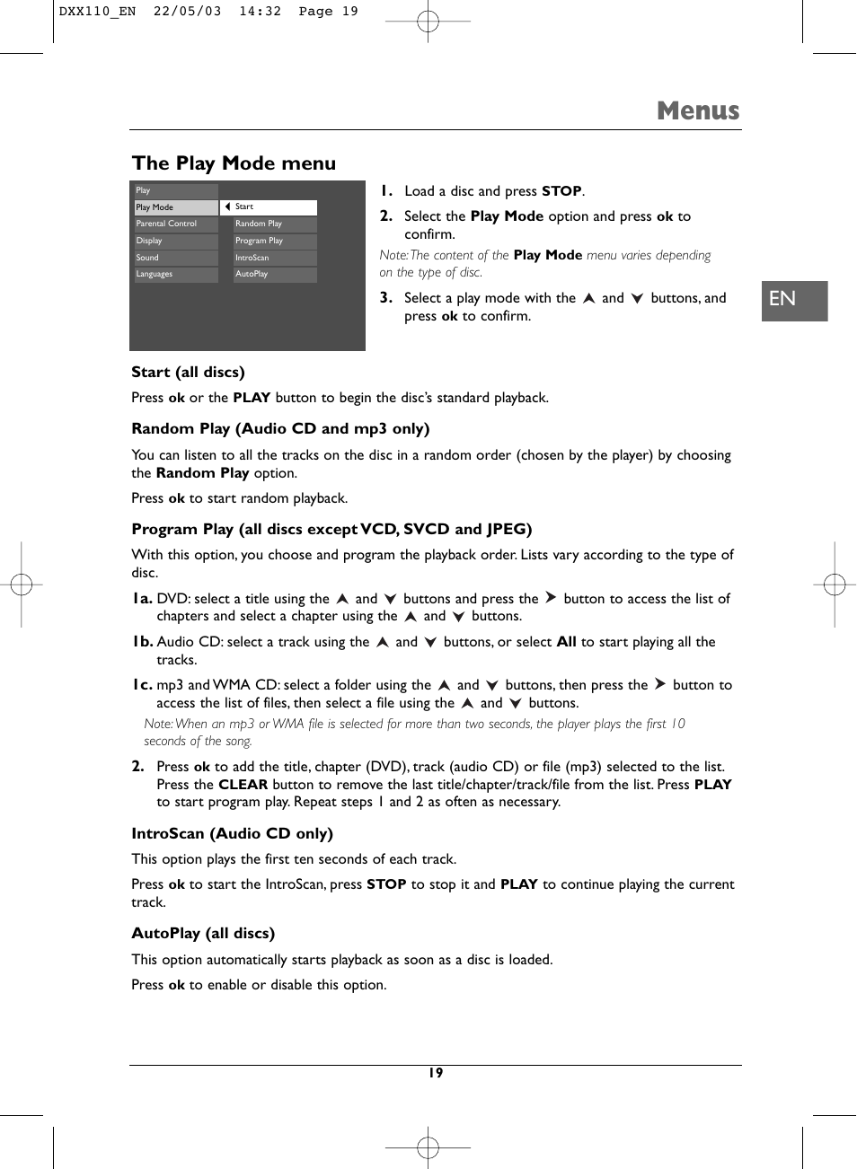 Menus, The play mode menu | Technicolor - Thomson DVD110 User Manual | Page 19 / 26