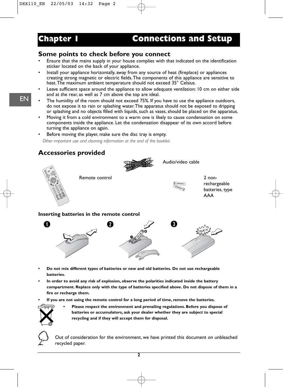 Connections and setup, Chapter 1, Some points to check before you connect | Accessories provided | Technicolor - Thomson DVD110 User Manual | Page 2 / 26