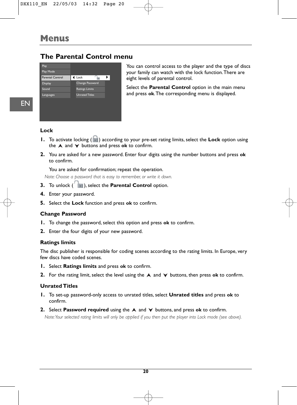 Menus, The parental control menu | Technicolor - Thomson DVD110 User Manual | Page 20 / 26