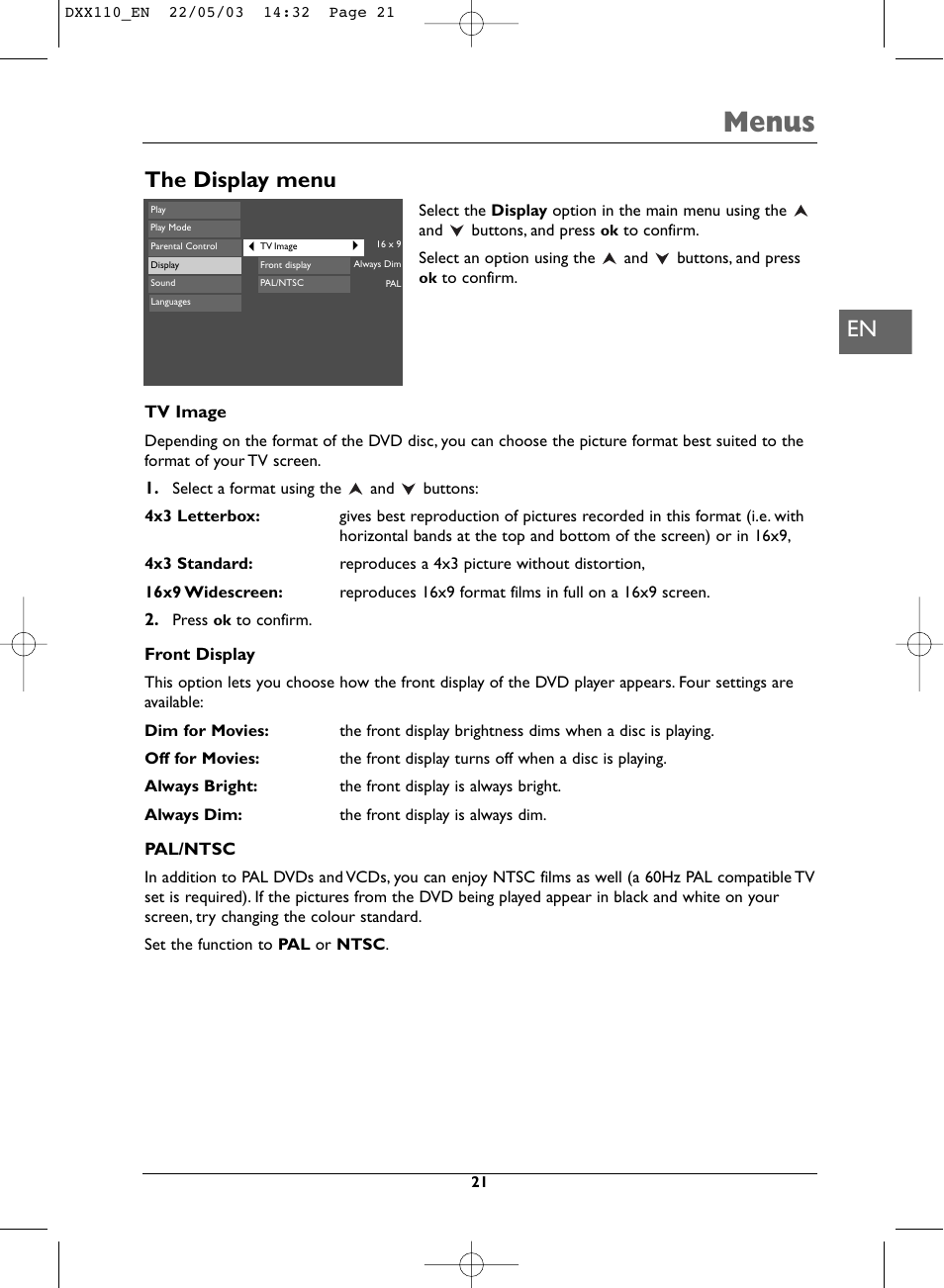 Menus, The display menu | Technicolor - Thomson DVD110 User Manual | Page 21 / 26