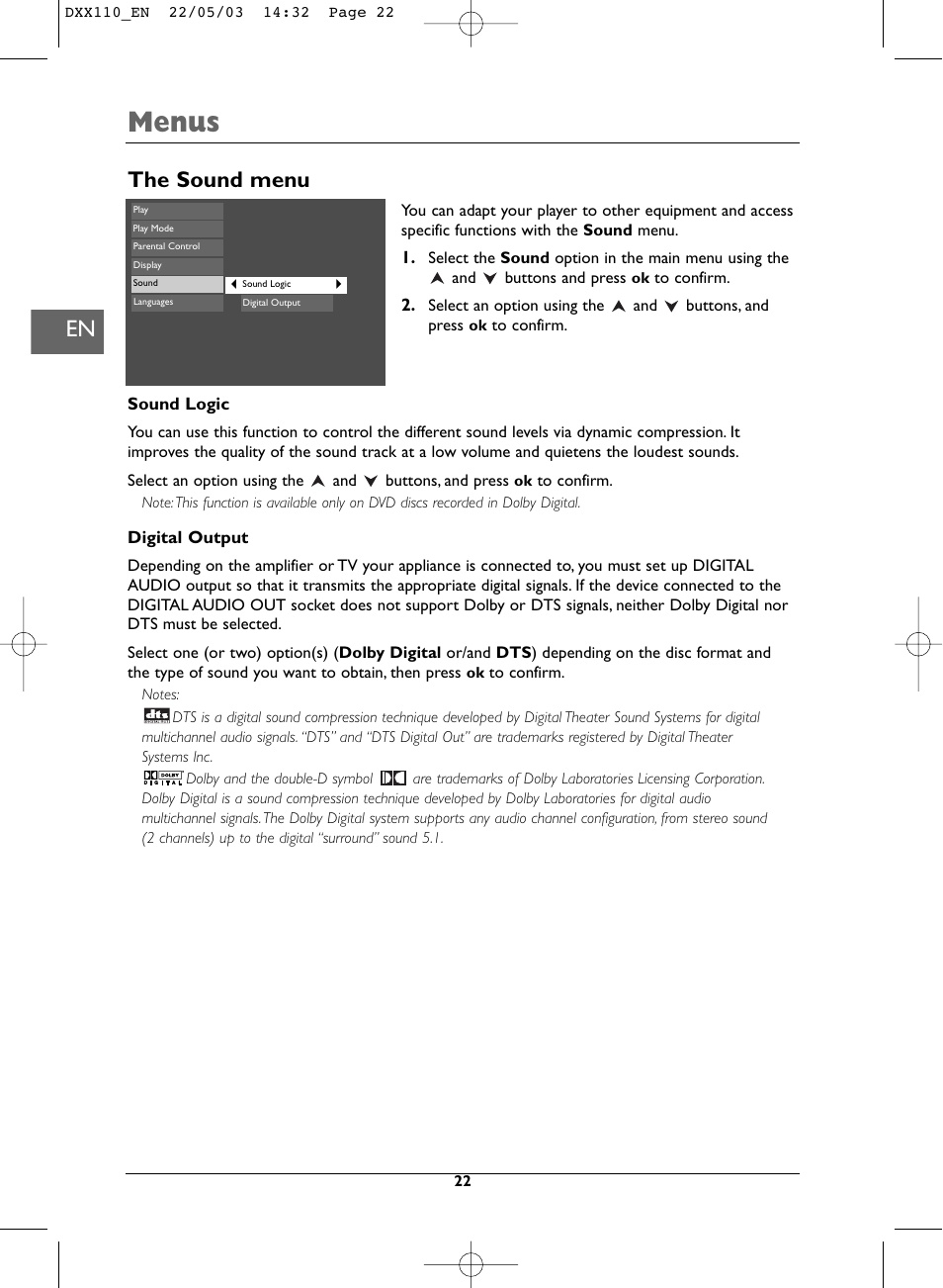 Menus, The sound menu | Technicolor - Thomson DVD110 User Manual | Page 22 / 26