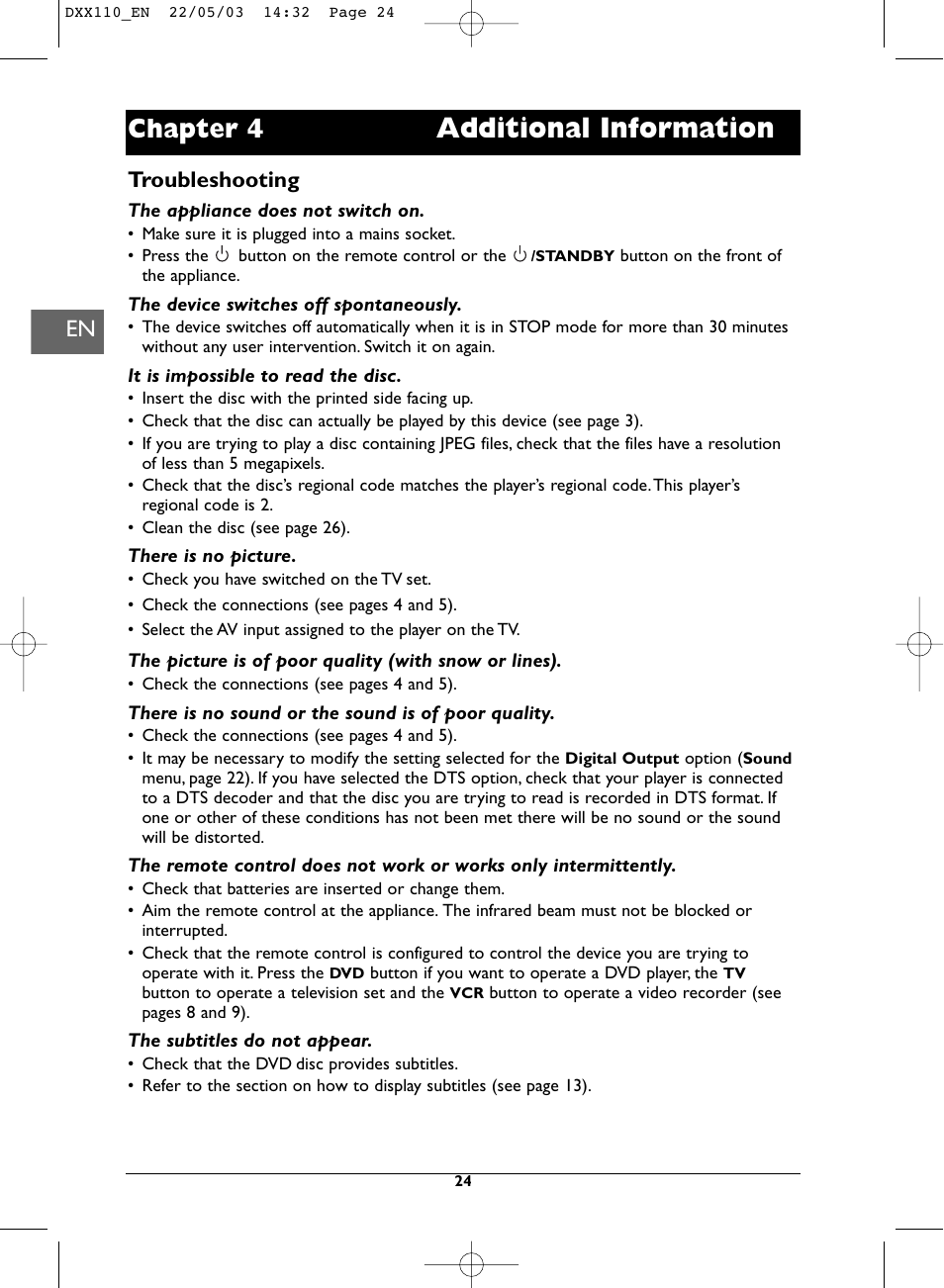 Additional information, Chapter 4, Troubleshooting | Technicolor - Thomson DVD110 User Manual | Page 24 / 26
